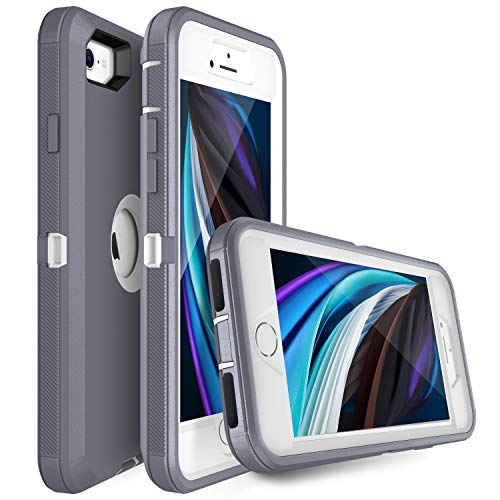 MXX Case Designed for iPhone SE Case 2020 /SE 2022 Heavy Duty Protective with Screen Protector [3 Layers] Rugged Rubber Protection Cover & Rotating 360 Degree Belt Clip SE 3rd/2nd Gen (Gray/White) - color: Gray/White