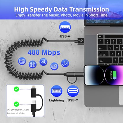 USB to USB-C and Lightning Cable Combo 2 in 1 Coiled Cable Support Apple Carplay & Android Auto [MFi & 3A Fast Charge & Data Sync] Coiled Lightning and USB C Cable for iPhone 17/16/15/14/13/12/Android - color: Black