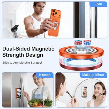 Magnetic Phone Ring Grip for MagSafe Adjustable Finger Grip Holder Stand Dual-Sided Magnet Cell Phone Kickstand Ring for iPhone 17e/17 Pro Max/16e/16/15/14/13/12/Samsung Galaxy/Google Pixel/Android - color: Orange