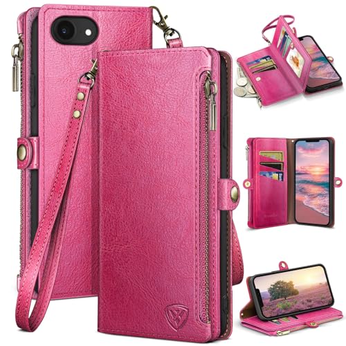 XcaseBar compatible with ‌iPhone 16e 6.1"/17e 6.1" Wallet case with Zipper Credit Card Holder【RFID Blocking】,Flip Folio Book PU Leather Phone case Shockproof Cover Women Men for Apple16e case Rose Red - color: Rose Red