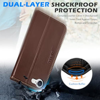 SHIELDON Genuine Leather Flip Wallet Case for iPhone 17e/16e, Retro Coffee | RFID Blocking, Credit Card Holder, Magnetic Closure, Kickstand, Folio Design, Soft Shock-Absorbent Phone Cover - color: Retro Coffee