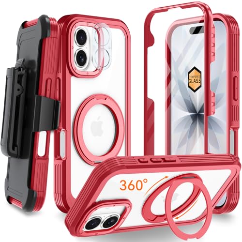 Magnetic for iPhone 17 Case, Compatible with MagSafe, Full Body Rugged Case with Built-in Screen Protector & Kickstand & Belt-Clip (Red) - color: Red