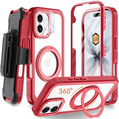 Magnetic for iPhone 17 Case, Compatible with MagSafe, Full Body Rugged Case with Built-in Screen Protector & Kickstand & Belt-Clip (Red) - color: Red
