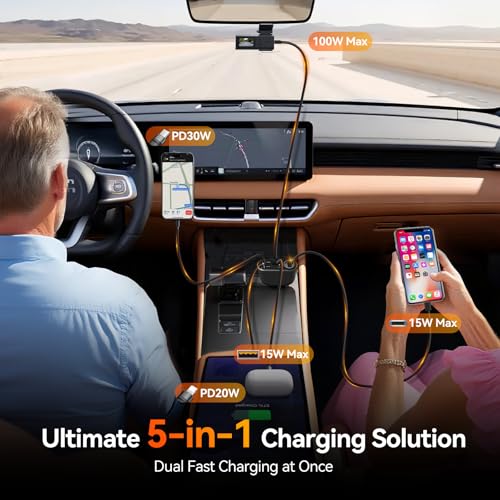 MAGJIEYX Car Cigarette Lighter Splitter Charger, Fast Car Phone Charger with 1-Socket(100W) Charging Adapter and USB C Coiled Cable for iPhone 17 16 15, Galaxy S25 Ultra/iPad/GPS/Dash Cam/Laptop