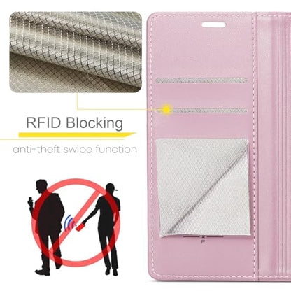 FLIPALM Wallet Case for Google Pixel 8a, Rose Gold | Card Holder, RFID Blocking, PU Leather Folio Flip, Kickstand, Protective Shockproof Cover - color: Rose Gold