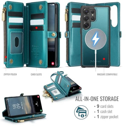 Defencase for Galaxy S23 Ultra Case Wallet Compatible with Magsafe, Green | Magnetic Detachable, RFID Bolcking Card Holder, Zipper Strap, PU Leather Drop-Proof Phone Cover for Samsung Galaxy S23 Ultra - color: (Detachable with Magsafe)-Blue Green