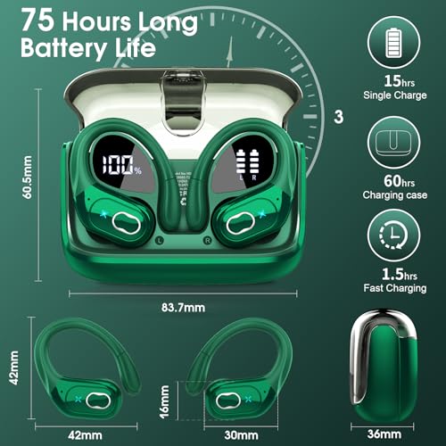 Aptkdoe Wireless Earbuds 75H Bluetooth 5.4 Sport Headphones with Earhooks - color: Dark Green