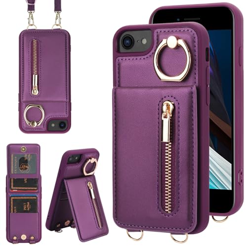 Crossbody Wallet Case for iPhone 7/8/SE 2020/SE 2022, with Card Slots Zipper Pocket Case, Flip Folio Purse RFID Blocking with Ring Kickstand Detachable Strap-Lavender - color: Lavender, size: iPhone 7/8/SE 2020/SE 2022 (4.7")