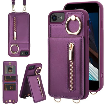 Crossbody Wallet Case for iPhone 7/8/SE 2020/SE 2022, with Card Slots Zipper Pocket Case, Flip Folio Purse RFID Blocking with Ring Kickstand Detachable Strap-Lavender - color: Lavender, size: iPhone 7/8/SE 2020/SE 2022 (4.7")