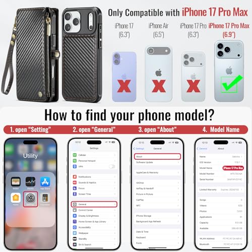Defencase for iPhone 17 Pro Max Case Wallet Compatible with Magsafe, C-Black - color: (Detachable with Magsafe)-Carbon Fiber Black