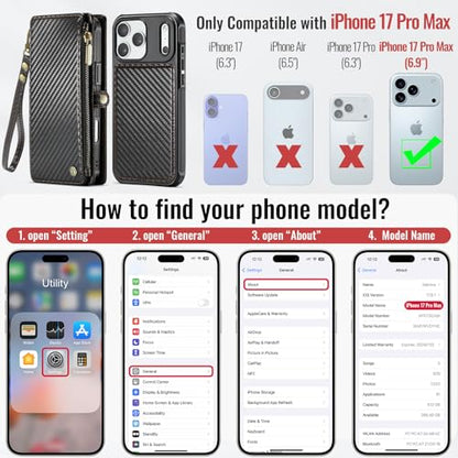Defencase for iPhone 17 Pro Max Case Wallet Compatible with Magsafe, C-Black - color: (Detachable with Magsafe)-Carbon Fiber Black