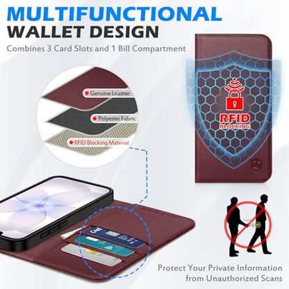 SHIELDON Genuine Leather Case Wallet for iPhone 17e/16e 6.1", Wine Red | Flip Magnetic Cover, RFID Blocking, Credit Card Slot, Kickstand, Book Design, Soft Shockproof Phone Shell - color: Wine Red