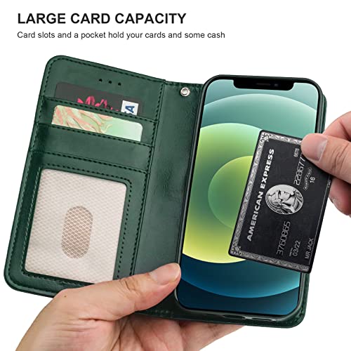 Bocasal Detachable Wallet Case Card Holder for iPhone 12/12 Pro, Green | Kickstand Card Slots Holder PU Leather Magnetic Shockproof Wrist Strap Removable Flip Protective Cover 6.1 inch - color: Green