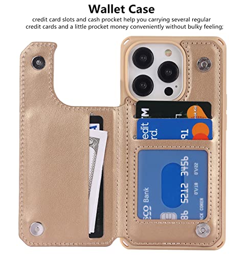 iCoverCase Compatible with iPhone 14 Pro Wallet Phone Case with Card Holder for Women, RFID Blocking Embossed PU Leather Wrist Strap Case 6.1 Inch (Heart Gold) - color: H-Gold