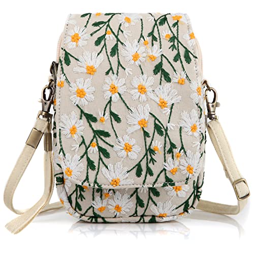SILKAREA Embroidered Cute Mini Crossbody Bag for Women Small Handbags Wristlet Wallet Bag Cell-phone Pouch Coin Purse - color: Chamomile Beige