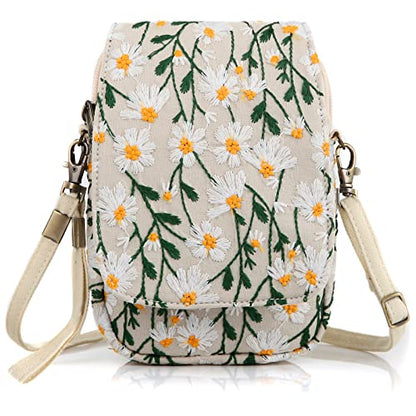 SILKAREA Embroidered Cute Mini Crossbody Bag for Women Small Handbags Wristlet Wallet Bag Cell-phone Pouch Coin Purse - color: Chamomile Beige