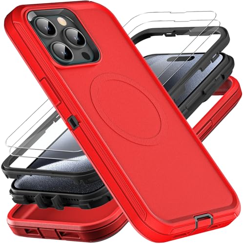 YKHJKLEC for iPhone 15 Pro Case, Compatible with Magsafe, Military Grade 3 in 1 Heavy Duty Shockproof/Drop Proof/Dust Proof Case with 2Pcs Tempered Glass Screen Protector (New-Red/Black) - color: New-Red/Black