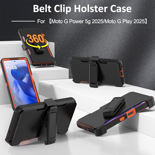 Rugged Phone Case for Moto G Power 5G 2025/Moto G Play 2025, with Belt Clip Holster & Kickstand Heavy Duty Shockproof Protective Full Body Case (Orange) - color: Orange