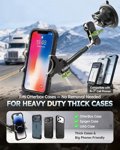 Semi Truck Phone Mount for Drivers, 360° Anti-Shake with Extension Rod - style: Extended green