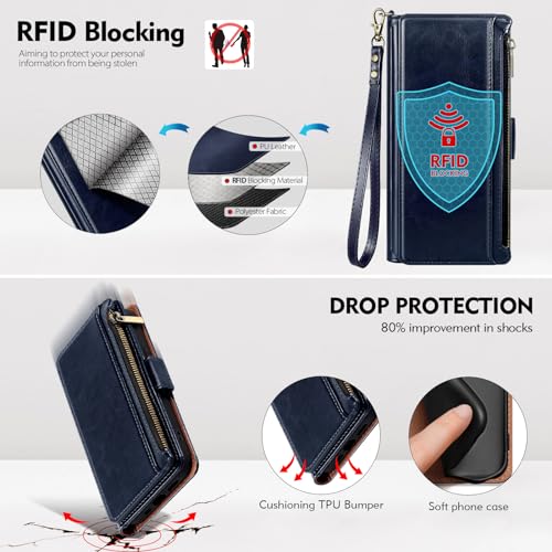 Antsturdy for iPhone 14 Plus Phone Wallet Case Women,Dark Blue | RFID Blocking,with Credit Card Holder Slots,PU Leather Purse,Zipper Pocket,Wrist Strap Kickstand,Flip Folio Cover for Men - color: A-Dark Blue
