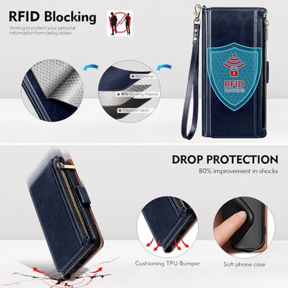 Antsturdy for iPhone 14 Plus Phone Wallet Case Women,Dark Blue | RFID Blocking,with Credit Card Holder Slots,PU Leather Purse,Zipper Pocket,Wrist Strap Kickstand,Flip Folio Cover for Men - color: A-Dark Blue