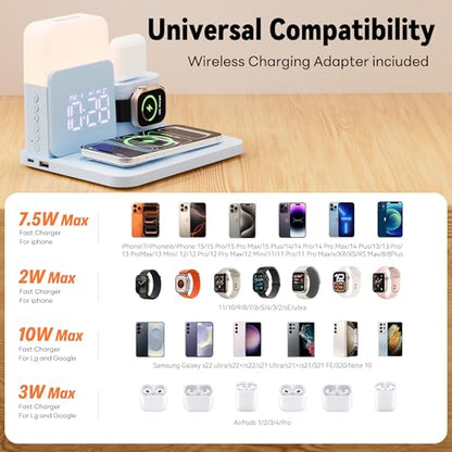 7 in 1 Wireless Charging Station, 25W Charger with Alarm Clock Night Light - color: Blue