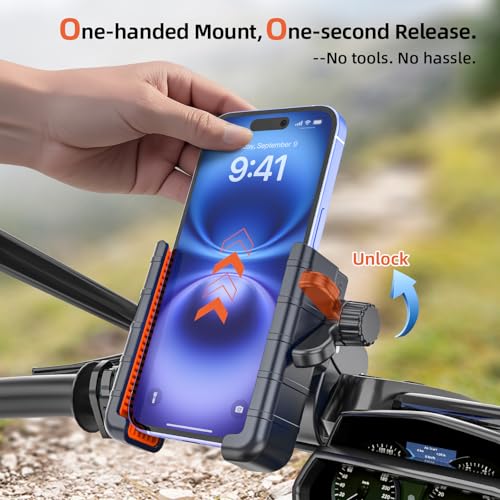 3rd Gen Shockproof Bike Phone Holder, Anti Vibration Motorcycle Phone Mount with Secure Lock, Universal Handlebar Mount for E-Bike, Electric Scooter, Bicycle, ATV, Fits 4.7-7 Inch Phones