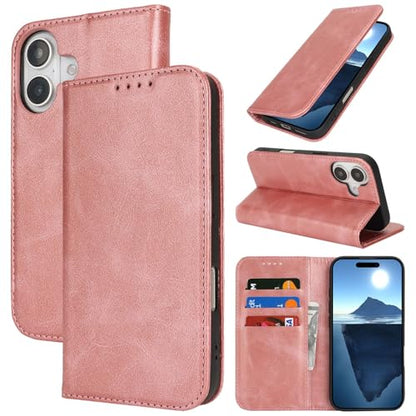 Wallet Case for iPhone 16 Plus,Premium PU Leather Flip Folio Case with Card Slot,Stand Holder and Magnetic Closure TPU Shockproof Interior Protective Case,6.7 Inch,Rose Gold | Premium PU Leather, Flip Folio Purse Case, with Card Slot, Stand Holder,Magneti