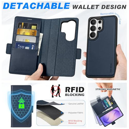 SHIELDON 2 in 1 Genuine Leather Case Wallet for Galaxy S26 Ultra, Navy Blue | Detachable, RFID Blocking, Credit Card Holder, Magnetic Closure, Kickstand, Folio Full Protective Cover - color: Navy Blue