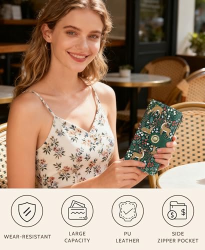 GIANCOMICS Cute Womens Wallet RFID, Flower Forest Credit Card Holder Bifold | Billfold, Cute Cash Purse, Travel Zipper Coin Pocket, Compact Clutch, PU Leather, ID Window, 11 Card Slots, Ladies Gift Woman - color: Cute Deer