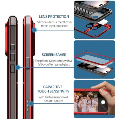 Compatiable with iPhone 17 Pro Max Case,360 Full Body Protective Cover Heavy Duty Shockproof [Tough Armour] Aluminum Alloy Metal Case with Silicone Built-in Screen Protector - Red - color: Red