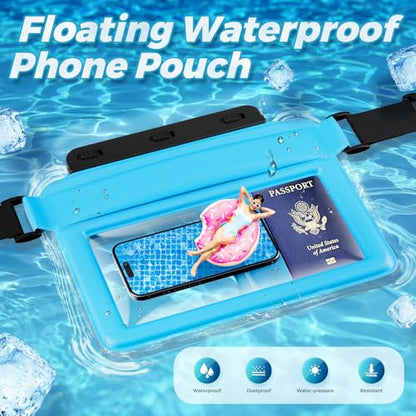 JOTO Floating Waterproof Bum Bag Mobile Phone Case, IPX8 Underwater Transparent Waist Bags with Adjustable Waist Belt for Mobile Phone/Passports/Keys, for Beach, Swimming, Boating - Blue - color: blue