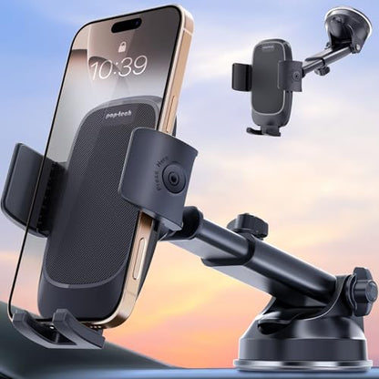 pop-tech Phone Mount for Car, [Military-Grade Suction] Universal Cell Phone Holder for Your Car Dashboard Windshield Window, Automobile Cradle Fit for iPhone Samsung All Smartphones with Thick Case