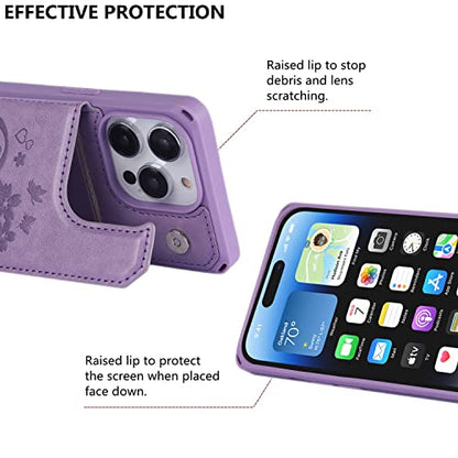 iCoverCase Compatible with iPhone 14 Pro Wallet Phone Case with Card Holder for Women, RFID Blocking Embossed PU Leather Wrist Strap Case 6.1 Inch (Heart Purple) - color: H-Purple