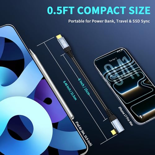 ZeroneTeck 6 inch USB C for Thunderbolt 4 Cable 0.5FT, [Durable] 40Gbps High Speed Data Transfer Short, Right Angle USB 4 Cord 240W PD Charging, 8K@60Hz Video Output 90 Degree for iPhone 17,MacBook - size: 0.5FT, style: Right Angle