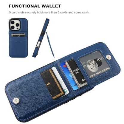KIHUWEY for iPhone 16 Pro Wallet Case Card Holder Kickstand, Lichee Blue | Credit Card Slots, PU Leather, Kickstand, Magnetic, Flip Heavy Duty Protection Cover for Men and Women - color: Lichee Blue