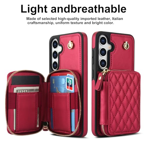 Asuwish Phone Case for Samsung Galaxy S25 5G Wallet Cell Cover with Tempered Glass Screen Protector Wrist Crossbody Strap RFID Blocking Credit Card Holder Slot S 25 25S 25 25S SM-S931U Women Girls Red - color: Red