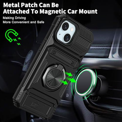 Vofolen for iPhone 15 Wallet Case with Card Holder [Store 2 Cards] Black | 360°Magnetic Rotated Ring Stand Dual Layer Heavy Duty Shockproof Drop Protection Wallet Phone Case for iPhone 15-6.1'' Black - color: Black