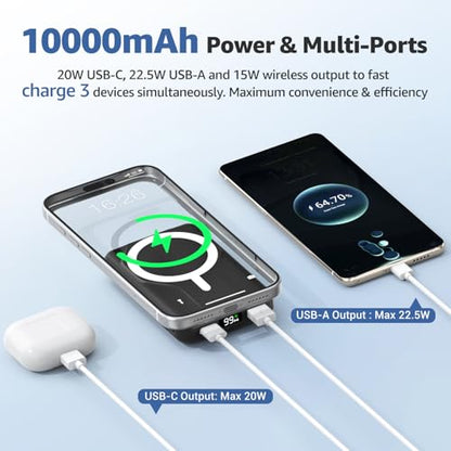 Azmuth for MagSafe Portable Charger, 10000mAh Magnetic Power Bank 20W PD | Fast Charging,Wireless Battery Pack with LED Display & Stand,Travel Essentials,for iPhone 17/16/15/14/13/12 Series - color: Black