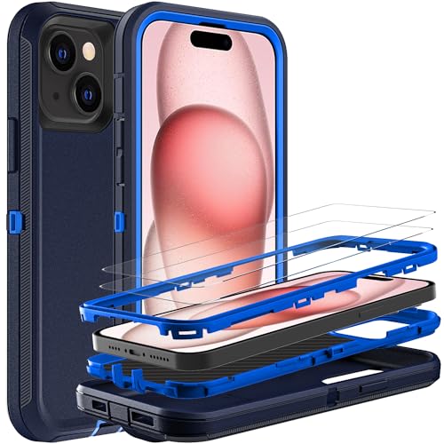 YKHJKLEC for iPhone 15 Case, Military Grade 3 in 1 Heavy Duty Shockproof/Drop Proof/Dust Proof Case with 2Pcs Tempered Glass Screen Protector (Navy Blue) - color: Navy Blue