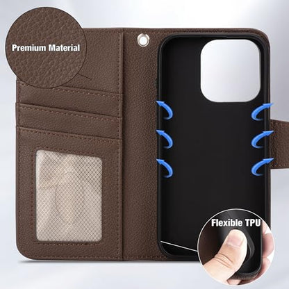 Arae Compatible with iPhone 15 Pro Case with Card Holder and Wrist Strap Wallet Flip Cover for iPhone 15 Pro 6.1 inch Men RFID Blocking Wristlet Kickstand,Litchi Brown - color: Litchi Brown, size: iPhone 15 Pro 6.1 inch