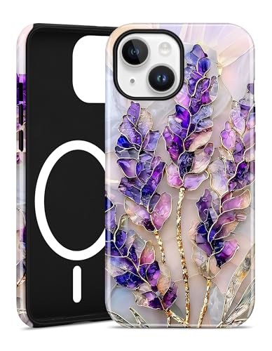 Jusy Magnetic Stained Glass Case for iPhone 16e/17e, Purple Lavender | Compatible with MagSafe, Cute Aesthetic Flower Design, TPU and PC Protective Phone Cover - color: Purple Lavender
