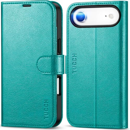 TUCCH Wallet Case for iPhone Air (6.5") 2025, 4 Card Holders, Cyan | RFID Blocking, Viewing Stand, Shockproof TPU Shell, PU Leather, Magnetic Closure, Protective Folio Flip Cover - color: Textured Cyan
