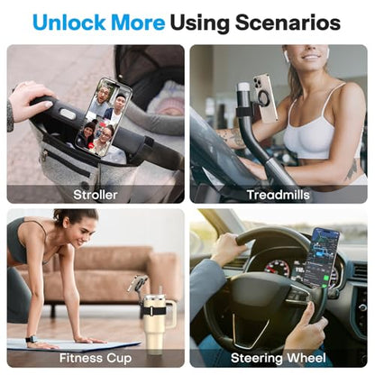 OMOTON Magnetic Phone Holder for Magsafe, 360° Rotation with 2 Straps, Strong Magnets Compatible with 30oz Stanley 16-64 oz Bottle, Gym Equipment, Steering Wheel & Stroller