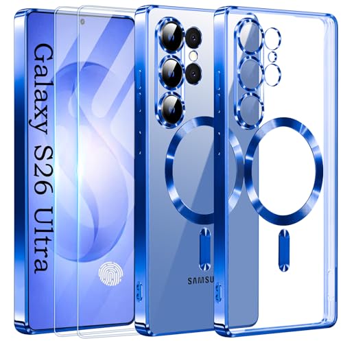 Official Titanium Case for Samsung Galaxy S26 Ultra with 2 Screen Protector,[Compatible with MagSafe][Full Camera Cover] Metallic Glossy Slim Luxury Phone Case for Galaxy S 26 Ultra,Blue - color: Blue, size: Samsung Galaxy S26 Ultra