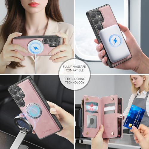 Defencase for Galaxy S26 Ultra Case Wallet Compatible with Magsafe, Pink | Magnetic Detachable, RFID Bolcking Card Holder, Zipper Strap, PU Leather Drop-Proof Phone Cover for Samsung Galaxy S26 Ultra - color: (Detachable with Magsafe)-Pink