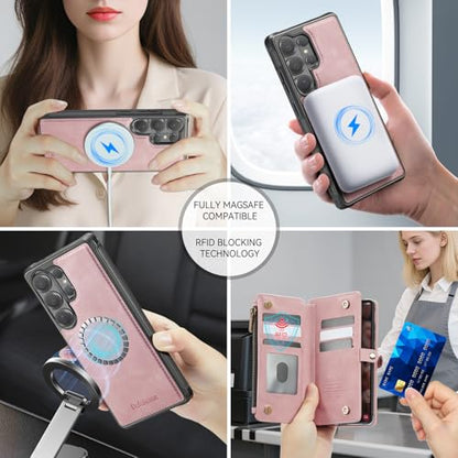 Defencase for Galaxy S26 Ultra Case Wallet Compatible with Magsafe, Pink | Magnetic Detachable, RFID Bolcking Card Holder, Zipper Strap, PU Leather Drop-Proof Phone Cover for Samsung Galaxy S26 Ultra - color: (Detachable with Magsafe)-Pink