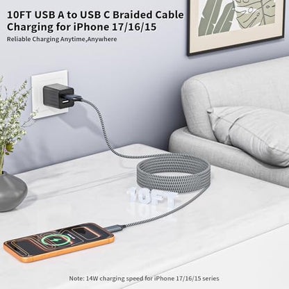 10FT USB to UAB C Cable,3Pack USB A to USB C 10FT Fast Charging Braided Cable for iPhone 17/16/15,Car Carplay Cable Upgraded Extra Durable USB to USB C Cord for iPhone 17 16 15,Galaxy S26/S25 and more