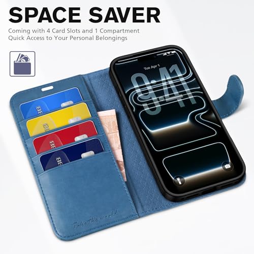 TUCCH Wallet Case for iPhone 17 Pro (6.3") 2025, Flip Stand, Light Blue | RFID Blocking, 4 Card Holders, Kickstand, PU Leather, Shockproof TPU Shell, Magnetic Closure, Protective Folio Cover - color: Light Blue