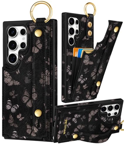 Petitian for Samsung Galaxy S22 Ultra Wallet Case, Black Butterfly - color: Black Butterfly, size: Samsung Galaxy S22 Ultra